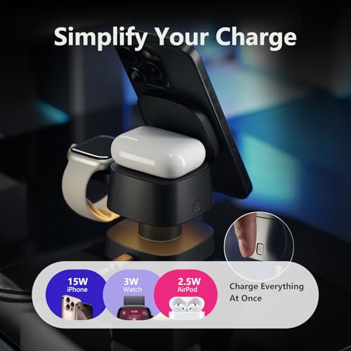 2026 Upgraded 4 in 1 Wireless Charger, 3 in 1 Wireless Charging Station with Night Light for MagSafe Charger, 15W Magnetic Travel Stand for iPhone17/Air/Pro/Max/16/15/14, Apple Watch, Airpods (Black) - color: black