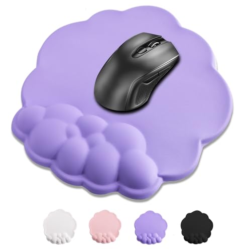 Mouse Pad Wrist Support, Cloud Mousepad with Memory Foam Wrist Rest, Non-Slip PU Base Gaming Leather Surface Mouse Pad for Home Office Laptop, Purple - color: Purple