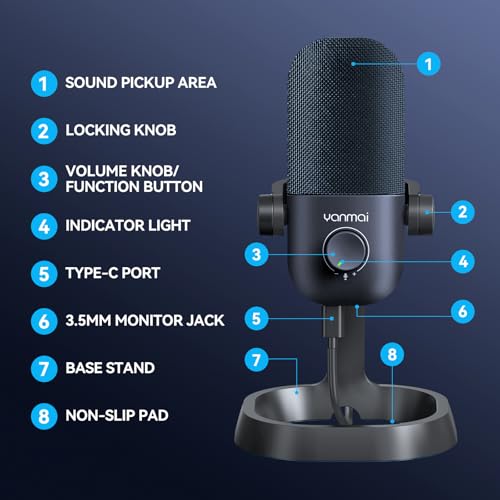 USB Microphone for PC, Plug & Play Cardioid Condenser Mic - color: Black