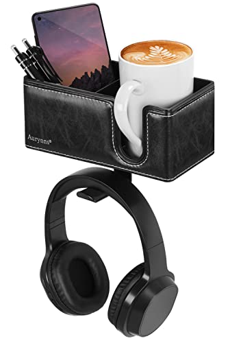 Under Desk Cup Holder Clamp on Cup Holder PU Leather Clip on Desk Organizer | Desk organizer with pencil holder clamp on side, under desk hanging organizer, clip on cup holder desk phone stand holder PU - color: Black