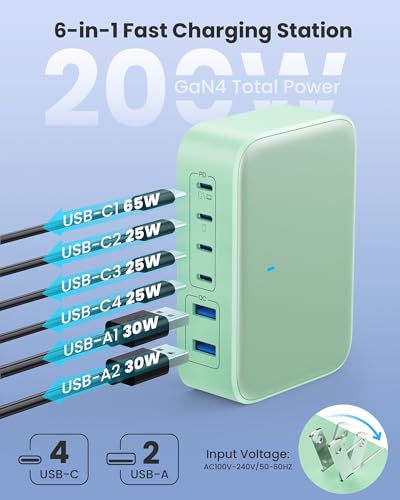 USB C Charger 200W USB C Charging Block,6 Ports GaN IV Foldable Wall Charger,QC4.0 Fast Charging Station Hub,PD 65W Laptop Charger for MacBook Pro/Air,Dell,iPhone 16/15,iPad,Galaxy,Steam Deck (Green)