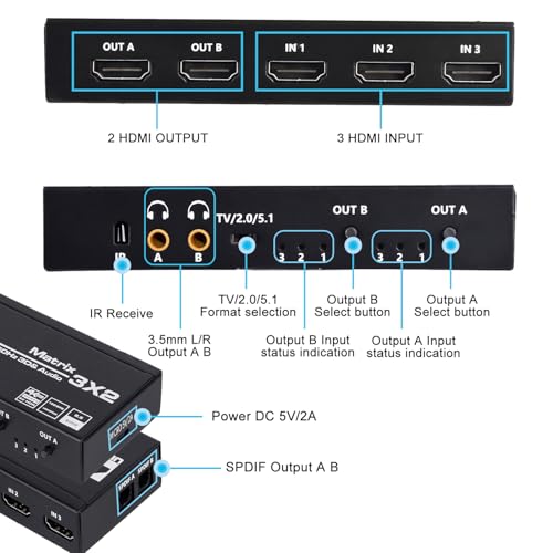 HDMI Matrix 3x2, 4K HDMI Matrix Switch 3 in 2 Out Switcher Splitter Box with EDID Extractor and IR Remote Control, Support Ultra 4K HDR, 4Kx2K@60Hz, 3D/1080P，HDMI 2.0b, HDCP 2.2