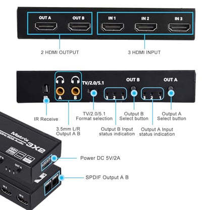 HDMI Matrix 3x2, 4K HDMI Matrix Switch 3 in 2 Out Switcher Splitter Box with EDID Extractor and IR Remote Control, Support Ultra 4K HDR, 4Kx2K@60Hz, 3D/1080P，HDMI 2.0b, HDCP 2.2