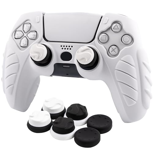 Ergonomic Soft Grip Skin Compatible PS5 Controller Cover, Anti-Slip Silicone with 6 Thumb Grips Accessories Set for PlayStation 5 (Clear Gray) - color: White