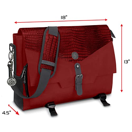 ENHANCE Collector's Edition RPG Player's Essentials DnD Bag - Dragon Hide Exterior Messenger Bag Fits 2-4 Books, Binders, Dice & Accessories, with 17 inch Laptop Slot, Battlemap Straps (Dragon Red) - color: Dragon Red