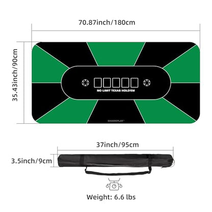 70 x 35 Inch Poker Mat, 10 Players Texas Hold'em Poker Table Top with Carrying Bag for Poker Games, Blackjack, Casino - color: Green