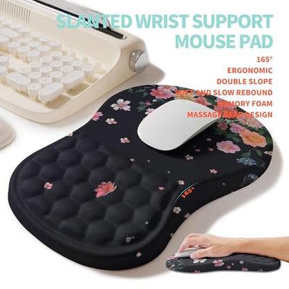 2-in-1 Ergonomic Set, Wave Rise Keyboard Wrist Rest and Massage Bulge Slope Mouse Pad Wrist Support, Cushion Memory Foam Integrated to Relieve Wrist Pain, Flower Dance - color: Flower Dance