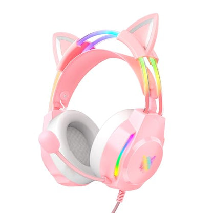 Gaming Headset with Microphone, Cat Ear Headphones for PC Laptop PS4 PS5 Xbox Switch, Pink, Rainbow RGB Lighting & Virtual Surround Sound, 3.5mm Wired Over Ear Headphones, Ergonomic - color: Pink Cat Ear