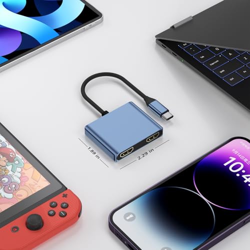 HDMI Splitter Extended Display, USB C to Dual HDMI Adapter 4K@30Hz, Dual Monitor Adapter for Extended Display with 2 HD MI/USB3.0/100W PD Fast Charging, Compatible with HP/Dell/MacBook/Lenovo