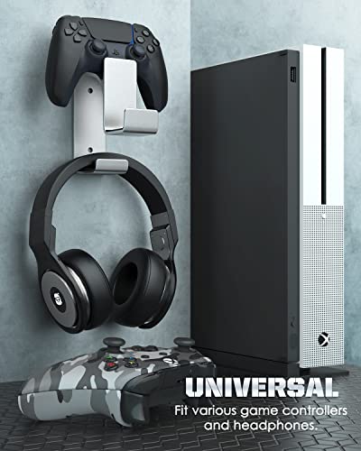 MoKo Dual Controller & Headphone Wall Mount Holder, for PS5 Xbox Switch | 2-in-1 holds two controllers and one headset. Wall mount saves desk space. Fits Xbox, PS4, PS5, Switch and PC. - color: Silver