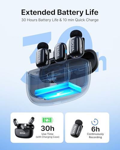 BOYA mini 2 Wireless Lavalier Microphone for iPhone 15/16/17 & Android | AI Noise Cancellation, App Control, 30H Battery Life with Charging Case for Vlogging Interviews and Content Creation