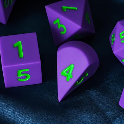 7-Piece Jumbo Silicone DND Dice Set, 25mm Oversized D&D Dice | Round Edges Soft Perfect Bouncer Compatible with Dungeons and Dragons RPG Bar Pub Club Party Games - color: Purple W/Green Numbers