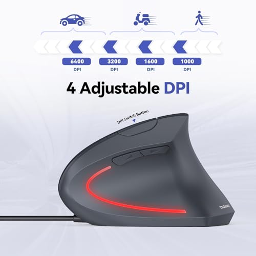 TECKNET Wired Mouse, 6400 DPI Ergonomic Mouse 6 Buttons Silent Mice 4 Adjustable DPI Vertical Mouse Compatible with Windows/Chrome/Laptop/Computer - color: Grey