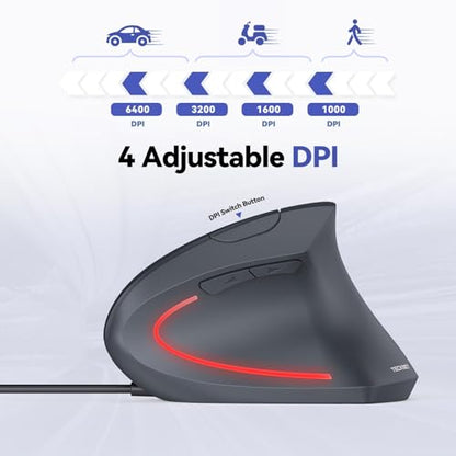 TECKNET Wired Mouse, 6400 DPI Ergonomic Mouse 6 Buttons Silent Mice 4 Adjustable DPI Vertical Mouse Compatible with Windows/Chrome/Laptop/Computer - color: Grey