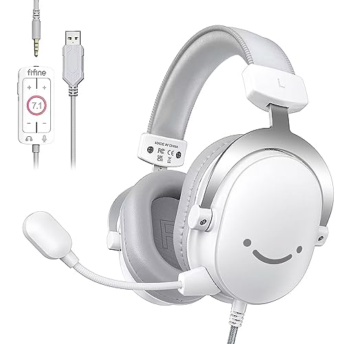 FIFINE USB PC Gaming Headset with 3.5mm Audio Jack, Detachable Microphone, 7.1 Surround Sound, Volume Control, Streaming Over-Ear Wired Headphones for Computer, PS5, Controller, Xbox-H9 White - color: White