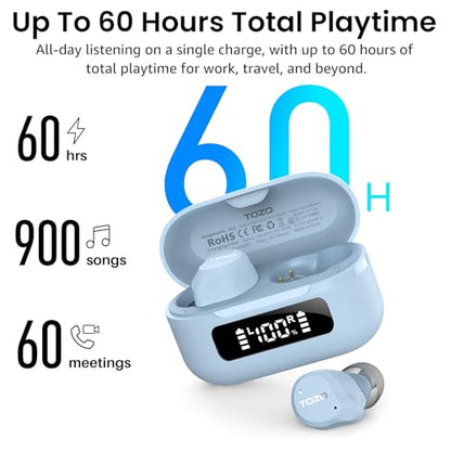 TOZO NC9 Hybrid Active Noise Cancelling Wireless Earbuds, 60H, LED Display | 6 Mic ENC Clear Calls, Deep Bass Sound, IPX8 Waterproof, in Ear Bluetooth 5.3 Headphones,32 EQs via APP, Comfort Fit Ear Buds - color: Dusty Blue
