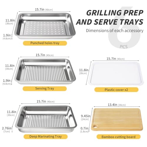 Grilling Prep and Serve Trays, Stainless Steel Large Capacity Food Prep Tray, Grill Carry System, Marinade Container with Lid and Cutting Board, BBQ Grill Accessories, Grilling Gifts for Men