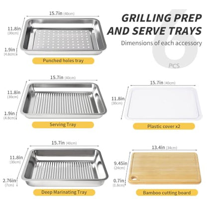 Grilling Prep and Serve Trays, Stainless Steel Large Capacity Food Prep Tray, Grill Carry System, Marinade Container with Lid and Cutting Board, BBQ Grill Accessories, Grilling Gifts for Men