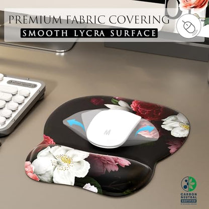 MROCO Ergonomic Mouse Pad with Gel Wrist Rest, 9.4 x 8.1 in, Black Flower | Ergonomic Shape Design, Multiple Pattern Options, Gel Wrist Comfort, Smooth Lycra Surface, Non-Slip PU Base - color: Black Flower