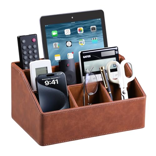 PU Leather Desk Organizer, Remote Control Holder, Brown | Luxury Nightstand Organizer for Home, Office Desk Accessories, Bedside Table Caddy with 5 Compartments, Velvet Lining - color: Brown