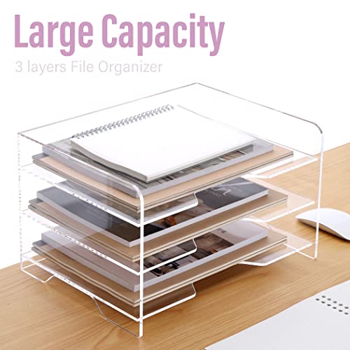 SANRUI Acrylic Paper Organizer Letter Tray for Desk, 3 Tier Enlarged File Sorter,Clear File Holder Desktop Shelf Document Storage for School Office Home - style: Enlarged 3 Tier File Tray Holder