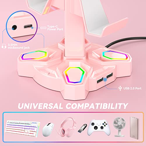 KDD Headphone Stand with Light Modes - Rotatable Pink Game Headset Holder with 3.5mm AUX & 2 USB Port - Suitable for PC Desk Accessories Gamers Gift(Pink) - color: Pink