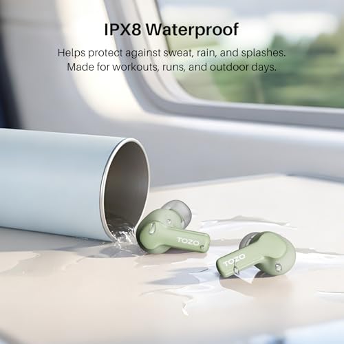 TOZO Hybrid Active Noise Cancelling Wireless Earbuds 6 Mics AI Clear Call | 68H Playtime LED Display 32 Preset EQs App Bluetooth 5.3 IPX8 Waterproof Ear Buds - color: Light Green