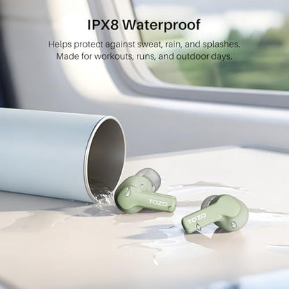 TOZO Hybrid Active Noise Cancelling Wireless Earbuds 6 Mics AI Clear Call | 68H Playtime LED Display 32 Preset EQs App Bluetooth 5.3 IPX8 Waterproof Ear Buds - color: Light Green