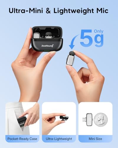 ZealSound Mini Wireless Lavalier Microphone for iPhone iPad Android, Dual Channel Wireless Microphones with Noise Cancellation, Mute & Volume Control, 33H Battery Case, USB-C & Lightning Plug & Play - color: Silver