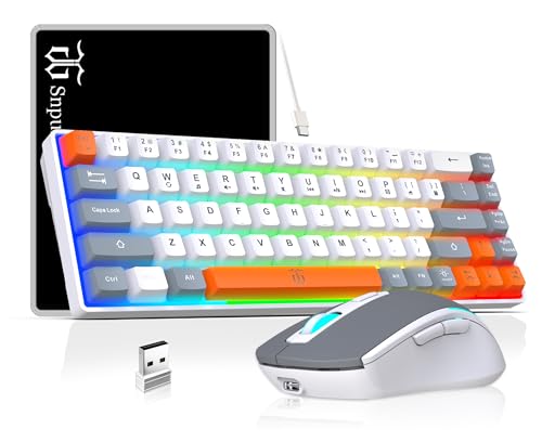 Snpurdiri 60% Wireless Gaming Keyboard and Mouse Combo,Rainbow Backlit Rechargeable 2000mAh Battery,Mini Mechanical Feel Keyboard +Popular RGB Mice for Gaming,Business Office(Gray-White-Orange) - color: White Gray Orange Combo