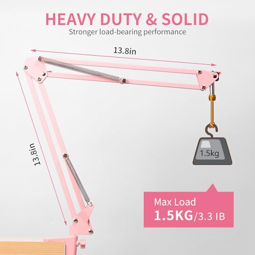 FEELWORLD AMS1 Microphone Boom Arm, Adjustable Mic Arm Stand with 3/8” to 5/8” Screw, Compatible with PM1 and other Mics for Podcast Straming Gaming Studio （Pink) - color: Pink
