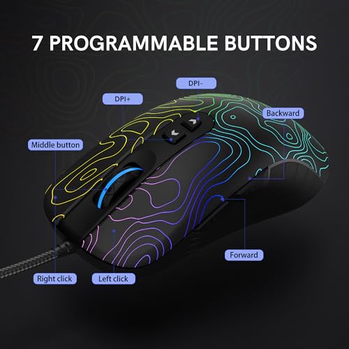 dagaladoo Black Wired Gaming Mouse, 12800 DPI RGB Gaming Mouse with 7 Lighting Effects, PC Gaming Mice Support DIY Keybinding, Mouse Gamer Computer Mouse for Laptop PC Mac Windows,Topographic