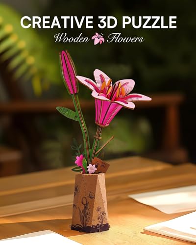 3D Flower Wooden Puzzles for Adults-Pink Lily, DIY Wooden Flowers Model Kit Building Set Crafts Birthday Gifts Women, Artificial Botanical Collection Creative Gift Ideas/Housewarming (73PCS) - style: TW - Pink Lily