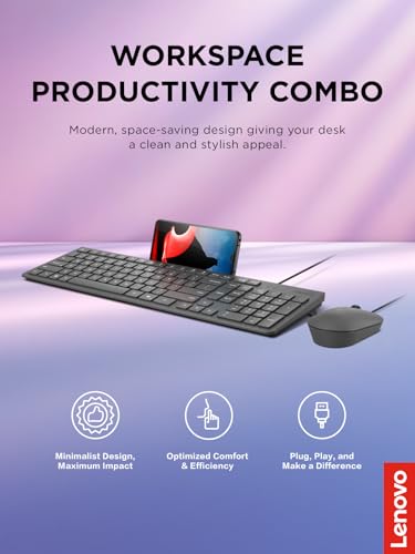 Lenovo 310 USB-A Wired Keyboard Mouse Combo, Quiet Keys, Ultra-Slim Gaming Design, Spill-Resistant, Integrated Phone Stand, Compatible w Laptop, PC, Tablet – Ergonomic Mouse Mechanical Keyboard USB - style: 310 USB-A Combo