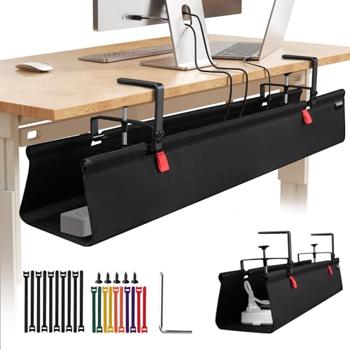 Under Desk Cable Management Tray No Drill,48Inch Cable Management,Black | Clamp and Screw Mount Cable Management Tray, Extra Large Capacity Desk Cable Management, Fabric Wire Management for Office - color: Black, size: 48"L x 5.5"W