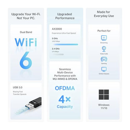TP-Link Archer TX50U AX3000 Wi-Fi 6 USB Wi-Fi Adapter for Desktop PC, Fast & Stable Dual Band Wireless Network Adapter, USB 3.0, Plug and Play, MU-MIMO|OFDMA|WPA3, Compatible with Windows 11/10 - style: AX3000, WiFi 6