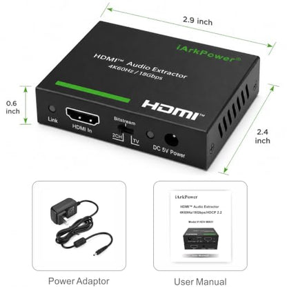 HDMI 2.0 오디오 추출기 4K60Hz HDMI to 광학 + 3.5mm 아날로그 오디오 스플리터 돌비 비전, 돌비 애트모스, HDR10, HDCP 2.2, CEC 지원