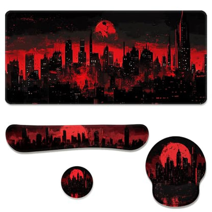 Dark City Desk Mat Set Red Moon Gothic Skyline Neon Mouse Pad with Wrist Rest 4in1 Desk Mat for Desktop Ergonomic Computer Desk Arm Wrist Anti-Slip Computer Ergonomic Mouse Pad Home Office Gaming - color: Dark City