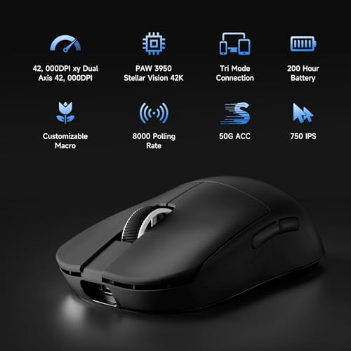 MCHOSE L7 Ultra+ Wireless Gaming Mouse, Lightweight 48g, Ergonomic Mouse with 42K DPI, PAW3950, Optical Switch, 20000 FPS, Dual 8K Polling and 7 Programmable Buttons, 3-Mode Connect, PC/Mac - Black - color: Black