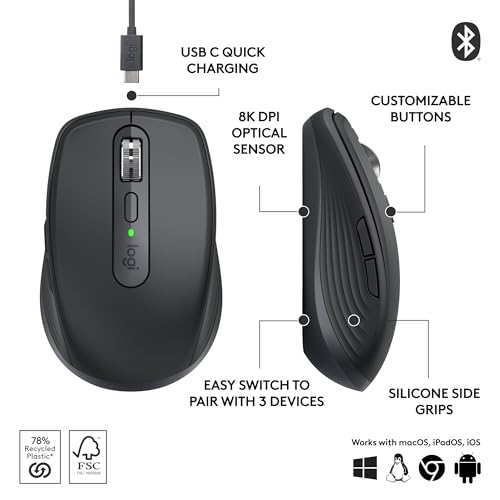 Logitech MX Anywhere 3S Compact Wireless Mouse, Fast Scrolling, 8K DPI Any-Surface Tracking, Quiet Clicks, Programmable Buttons, USB C, Bluetooth, Windows PC, Linux, Chrome, Mac - Graphite - color: Graphite, style: USB-C Charge