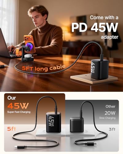 Qi2.2 25W Fast Wireless Charger Design for MagSafe Charger for iPhone 17/16/S26 Ultra, 3 in 1 Magnetic Charging Station with Bluetooth Speaker & Light, Watch Charger Stand for Apple Watch, for Buds