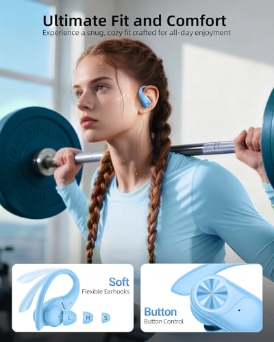 PocBuds Bluetooth Headphones Wireless Earbuds 80hrs Playtime Wireless Charging Case Digital Display Sports Ear Buds with Earhook Deep Bass IPX7 Waterproof Over-Ear Earphones for TV Phone Laptop Blue - color: Blue, style: Standard