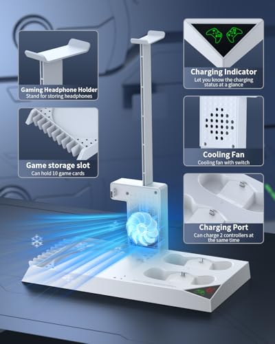 MENEEA Cooling Fan &Charging Stand for Xbox Series X Console and Controller | Vertical Cooler System Dual Charger Station Dock Accessories Kit with 2 x 1400mAh Rechargeable Battery (White) - color: White