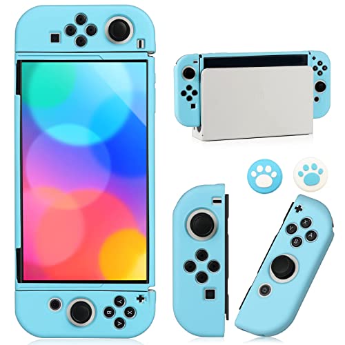 Switch OLED Case for Nintendo Switch OLED Model, Dockable Cover Soft TPU Protector Case for Switch OLED Grips & Console and Accessories with 2 Pcs Thumb Caps, Blue - color: Blue