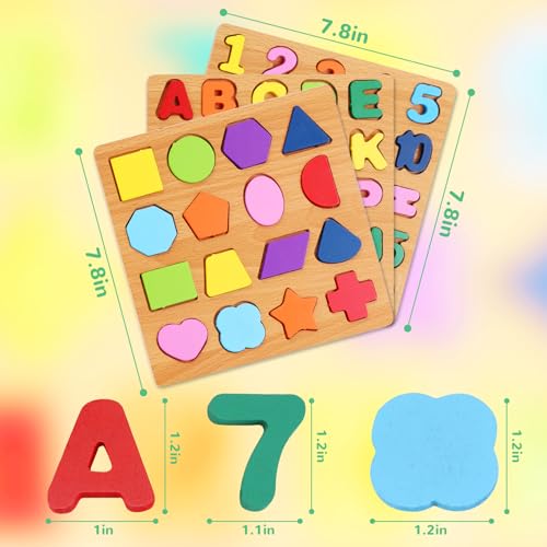Alphabet Wooden Puzzles for Toddlers 3-5, Pack of 3 ABC, Number and Shape Puzzle, Preschool Educational Learning Toys with Puzzle Board & Letter Blocks for Girls Boys Ages 3 4 5 Years Old - color: Standard 3-pack