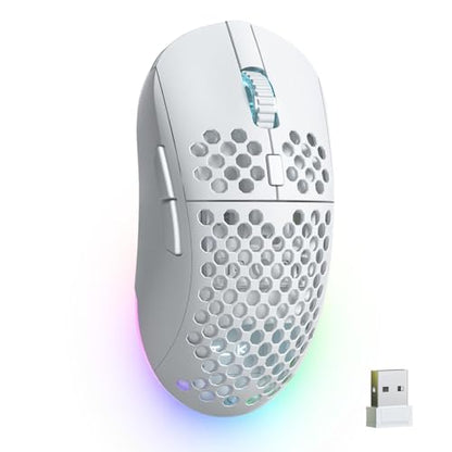 TMKB Wireless White Gaming Mouse, 24000 DPI, 180-Hour Battery | Optical Sensor, 90g Ergonomic Honeycomb Design, 6 Programmable Buttons, RGB Strip, 2.4GHz, BT5.2 and USB-C Wired Connectivity - color: White, size: Wireless