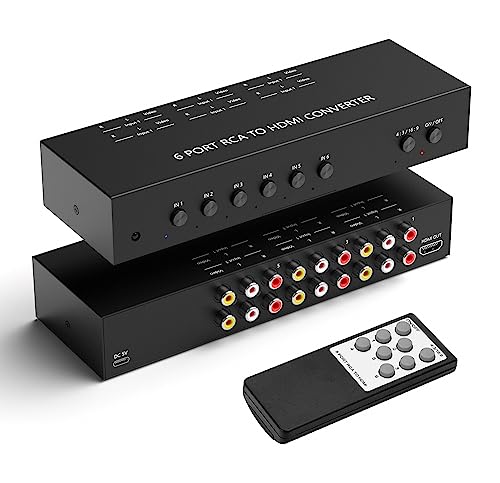 Dingsun 6Port AV to HDMI Converter, Will Convert Input Analog Aignals to a Digital Output Signal, Built-in 16:9/4:3 Adjustment, Perfect for Old Video Game Systems,PS,WII,Xbox,DVD,VHS(with Remote) - style: 6Port RCA to HDMI Converter