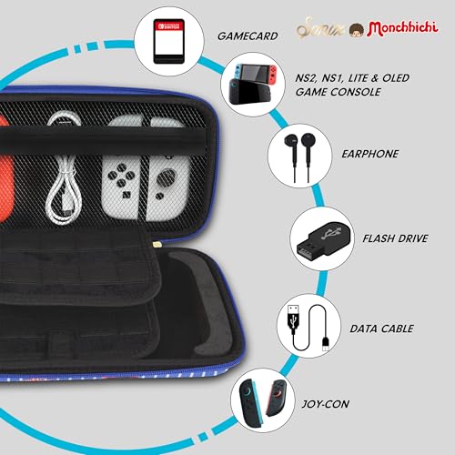 Sonix x Monchhichi Carrying Case for Nintendo Switch 2, Switch 1, Lite, OLED, Protective Travel Case with Game Cartridge Storage | Monchhichi Blue - color: Monchhichi Blue