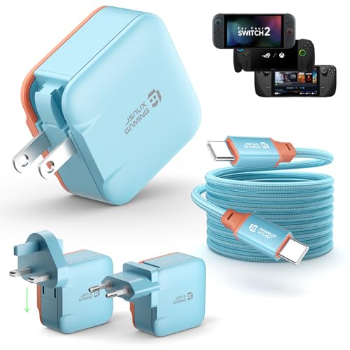 JSAUX 65W GaN USB C Charger for Switch 2, EU/UK Plug, 6.6FT Cable, Blue | Powers in TV Mode, GaN PD Fast Charge for ROG Xbox Ally, Steam Deck, ROG Ally, iPhone 17, Galaxy, Tablet & Laptop - color: Blue&Orange