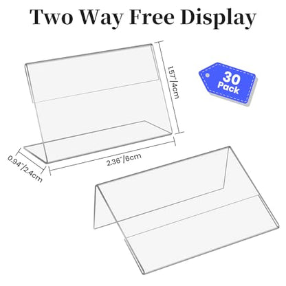 Daletu Mini Acrylic Sign Holders, Acrylic Food Sign Label for Party Buffet | Retail Price Card Signs Holders, Clear Plastic Table Counter Top Stand for Name Card, Bakery, Wedding, Event Decor - size: 30PCS 2.36" X 1.57"（6X4)